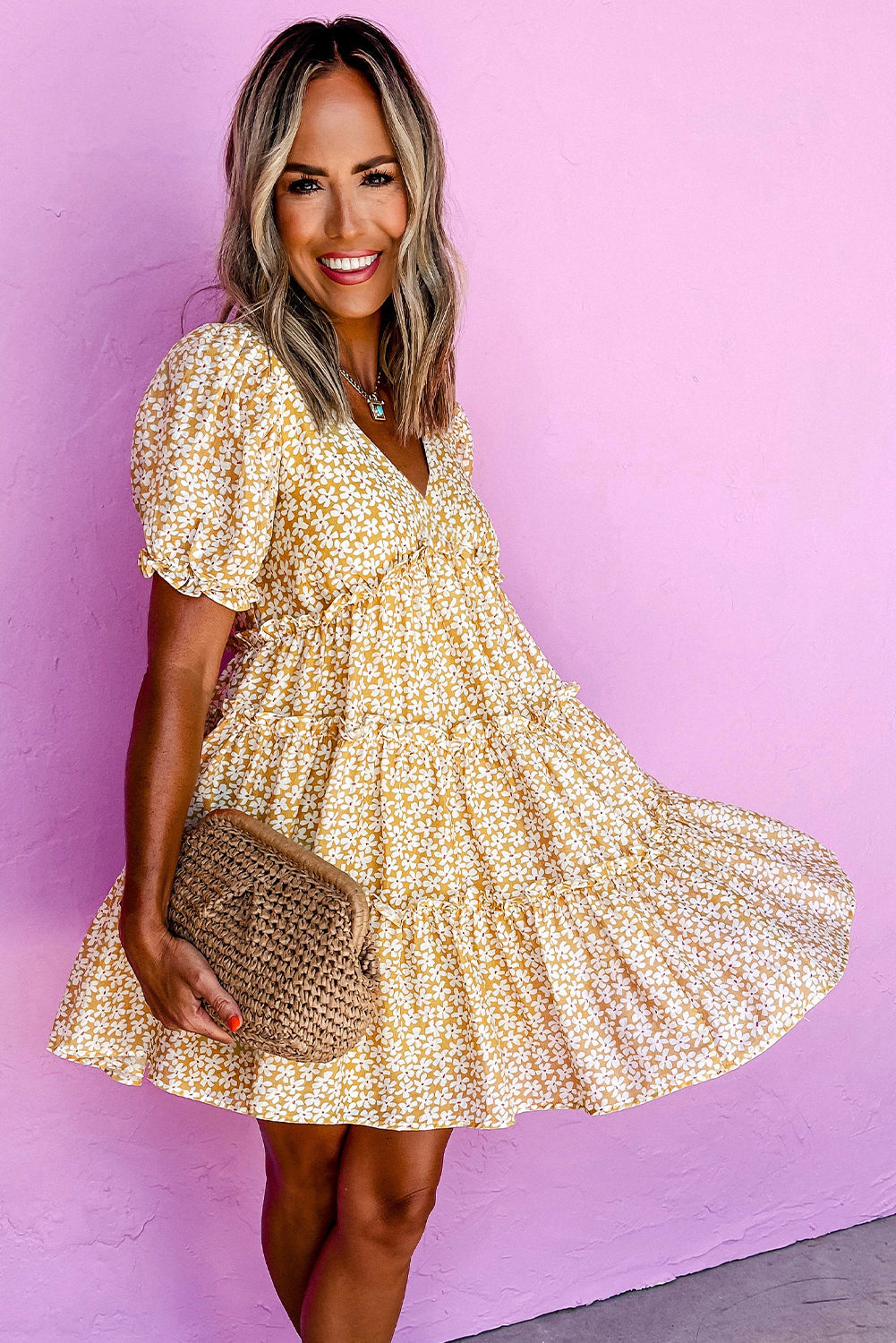 Yellow Floral V Neck Tiered Mini Dress | Short Sleeve