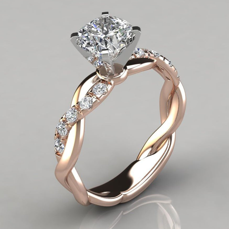 New 18K Rose Gold Plated Two-Tone Princess Cut Ring, Engagement Band