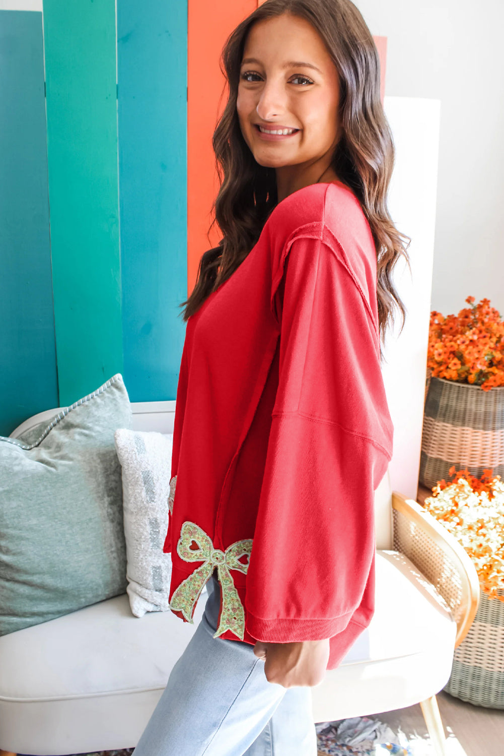 Fiery Red Floral Bow Patchwork Baggy Sweatshirt with Exposed Seams