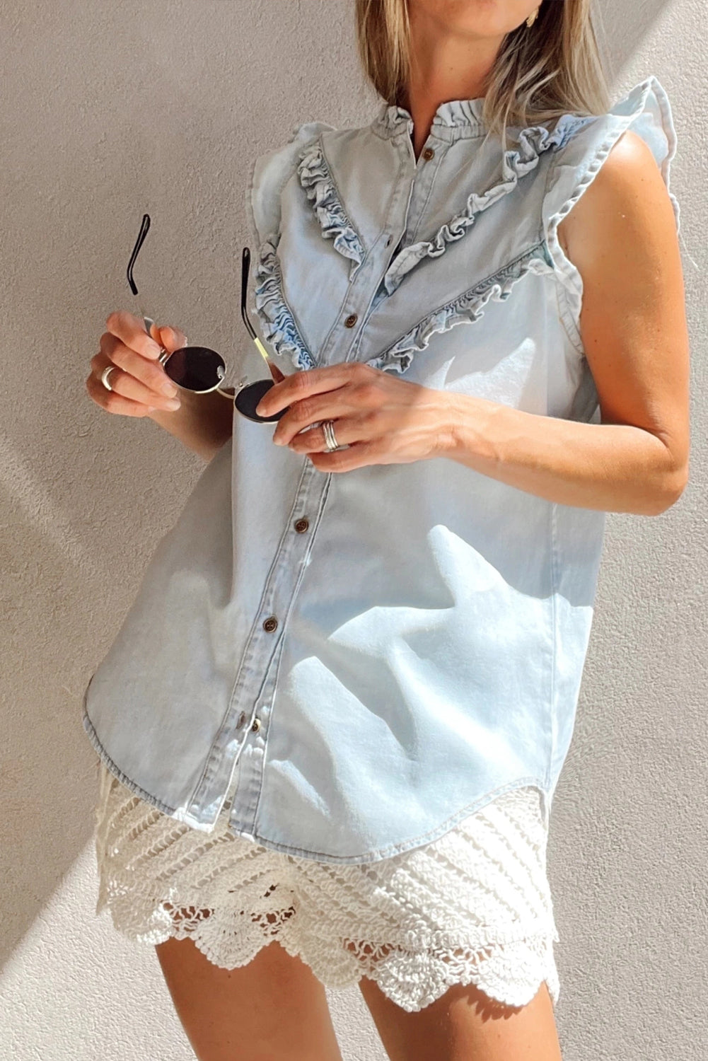 Sky Blue Mineral Wash Sleeveless Denim Shirt with Frill Details