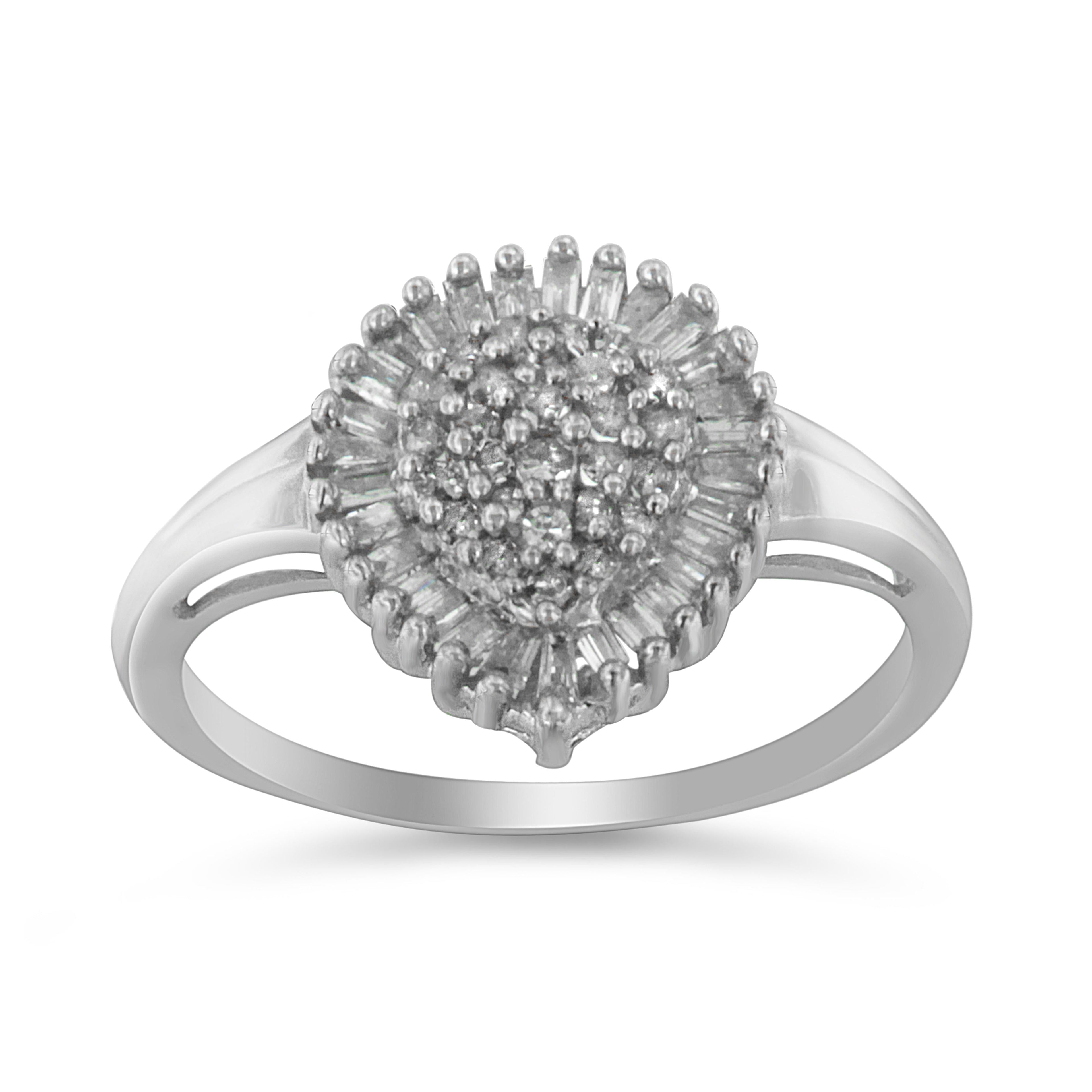 10K White Gold 1/2 Cttw Round & Baguette Cut Diamond Pear Shaped Domed PavÃ© Cluster with Halo Cocktail Ring (H-I Color, SI1-SI2 Clarity) - Size 5