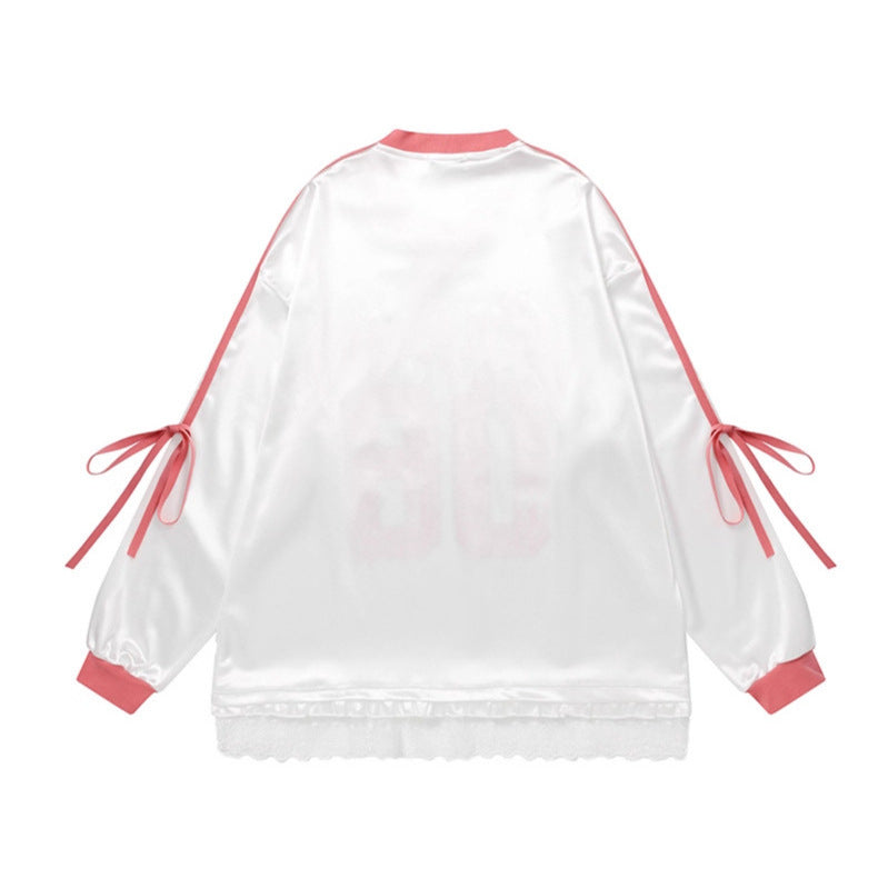 White Pink V-Neck Long Sleeve Sporty T-Shirt with Bow Tie Sleeves - Image 2