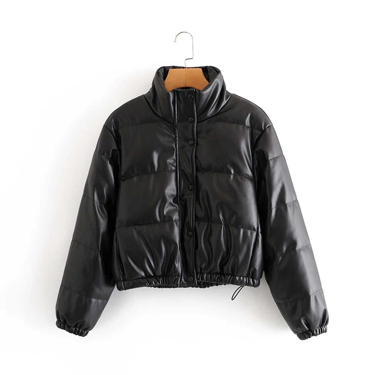 Stylish Women's Tan Faux Leather Puffer Jacket with Stand Collar - Image 6