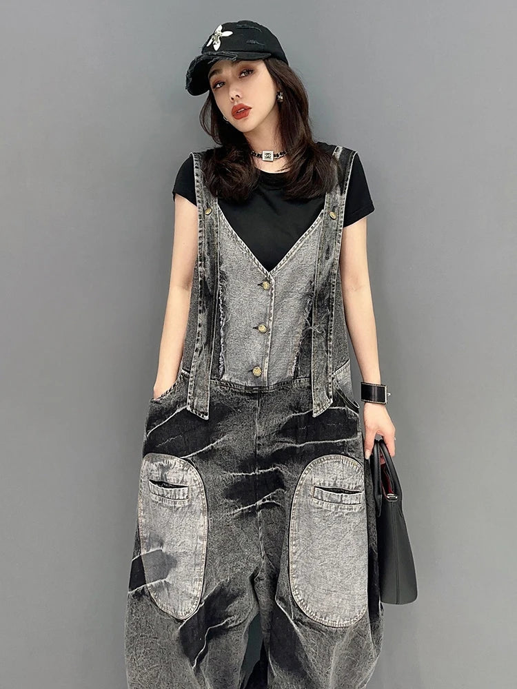 Women's Washed Black Denim Patchwork V-Neck Loose Jumpsuit - Image 5