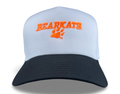 Bearkats paw print trucker hat with orange embroidery on a white mesh crown and navy bill.