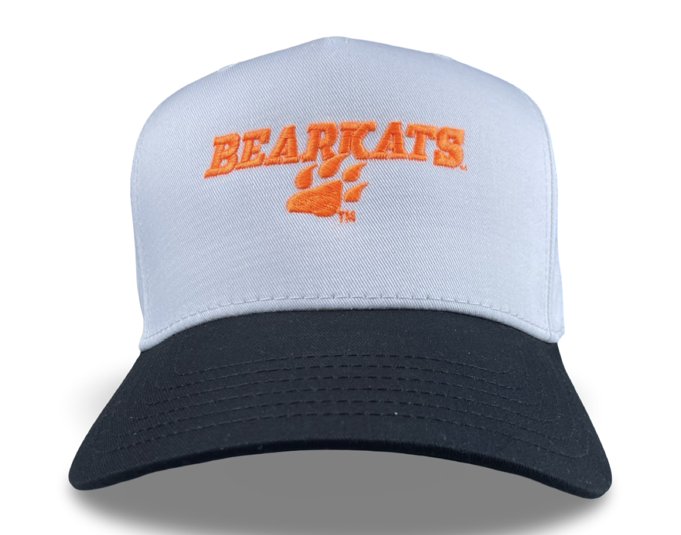 Bearkats paw print trucker hat with orange embroidery on a white mesh crown and navy bill.