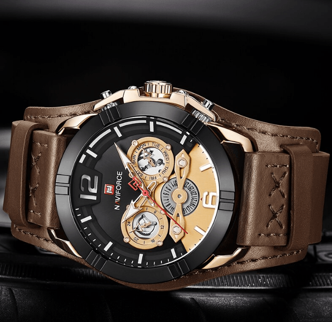 Men's Waterproof Chronograph Watch with Leather Strap & Dial Window
