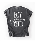 Woman wearing a Boy Mama's Club graphic crewneck t-shirt with casual denim jeans