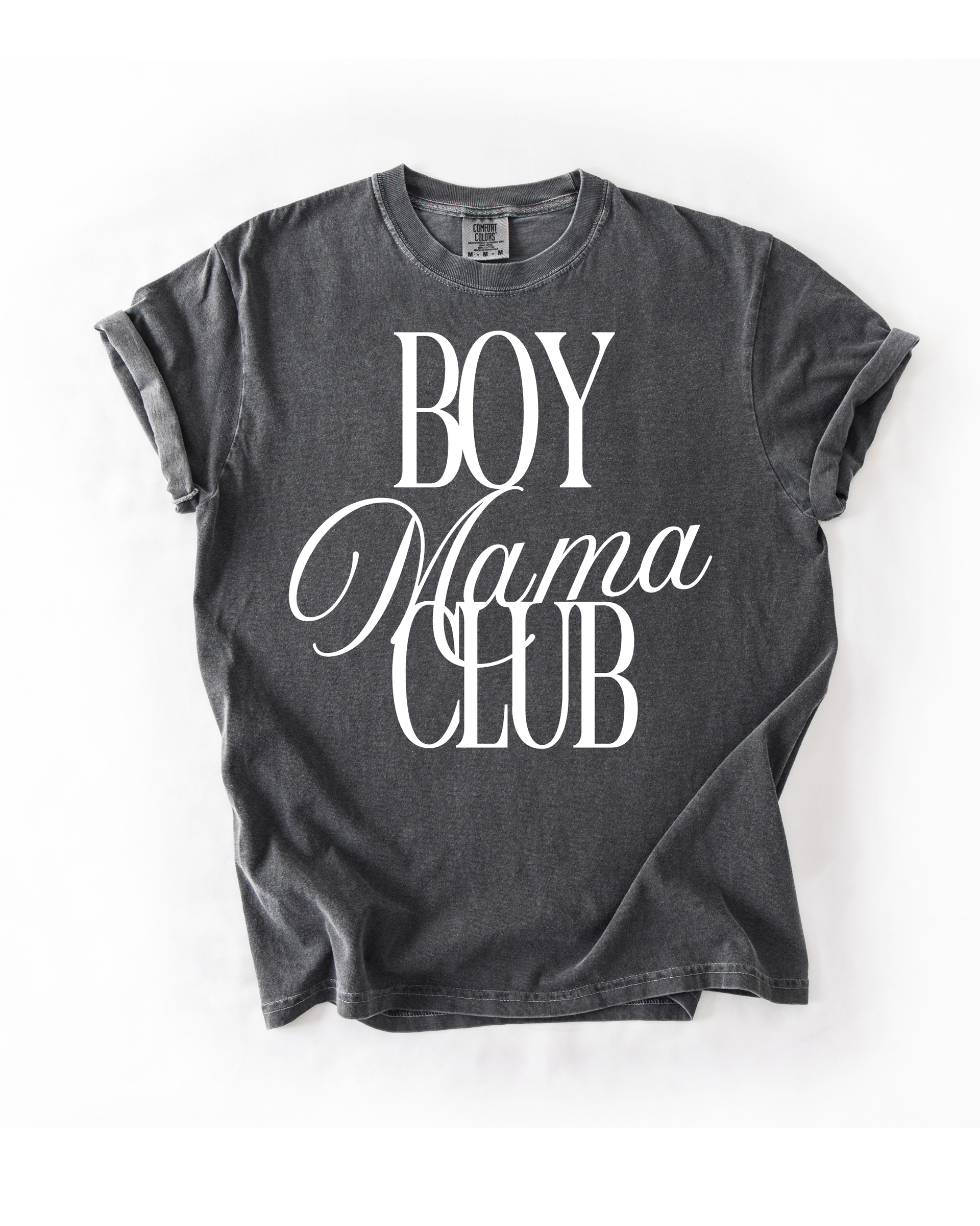 Woman wearing a Boy Mama's Club graphic crewneck t-shirt with casual denim jeans