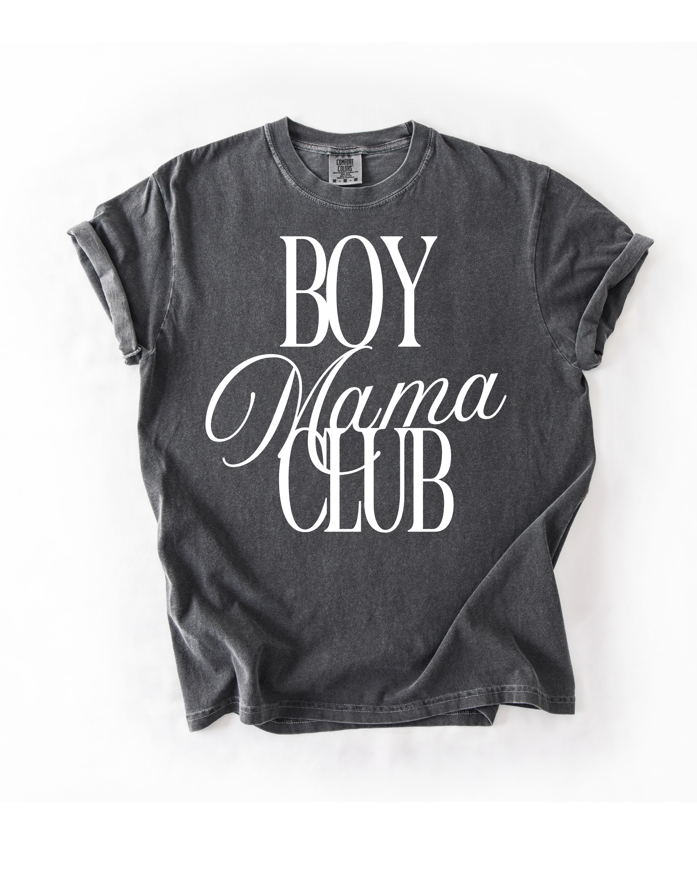 Woman wearing a Boy Mama's Club graphic crewneck t-shirt with casual denim jeans