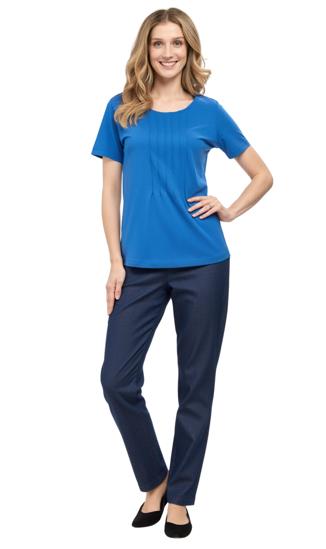 Women's Short Sleeve Pintuck Scoop Neck 100% Cotton Knit T-Shirt - additional view 14