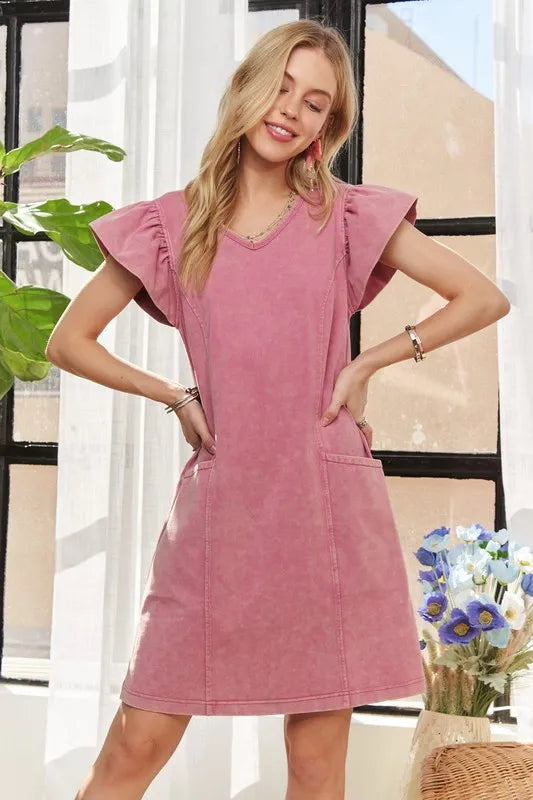 Dusty Rose Mineral Washed Ruffled Cap Sleeve V-Neck Dress