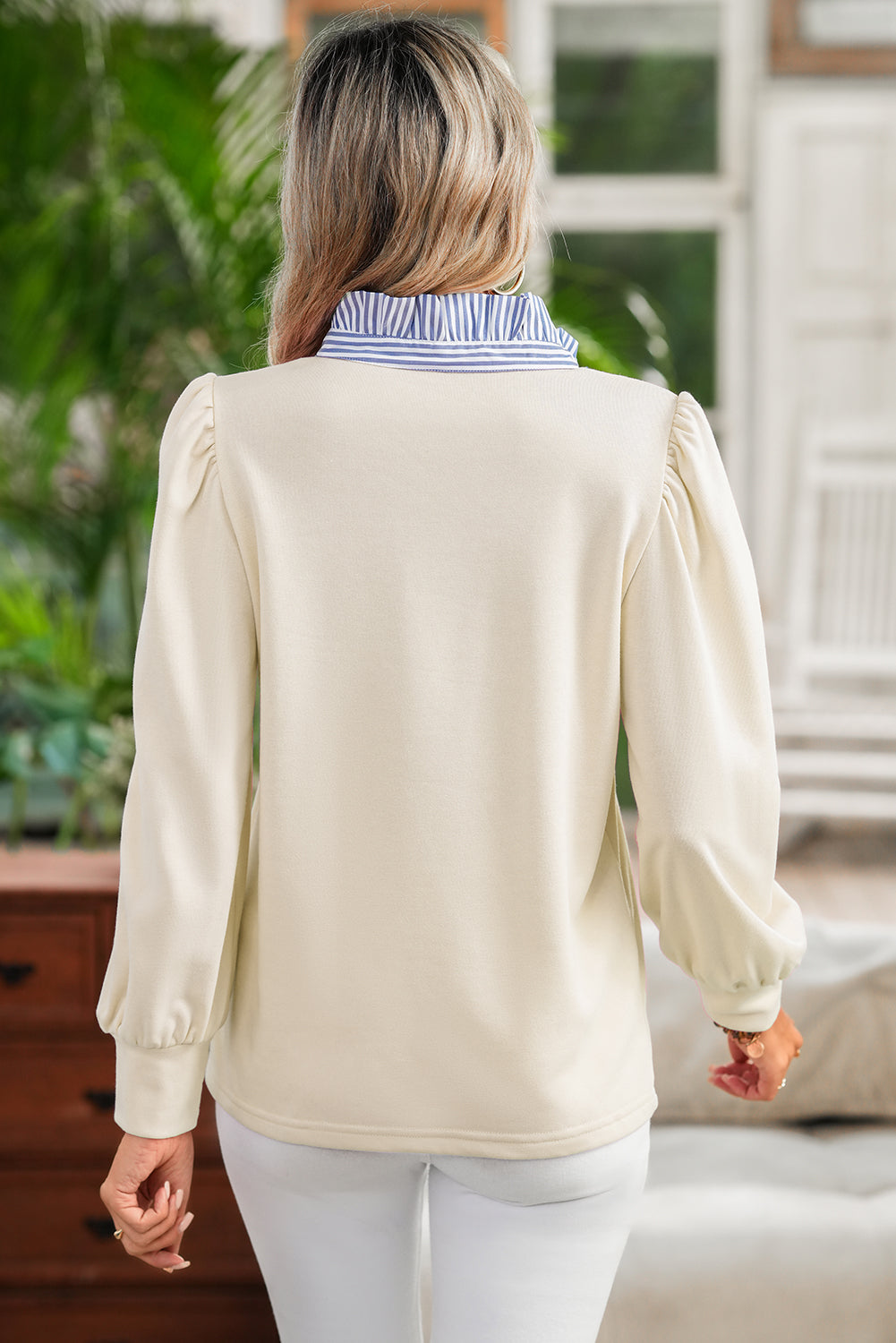 White Striped Patchwork Puff Sleeve Button Collar Sweatshirt