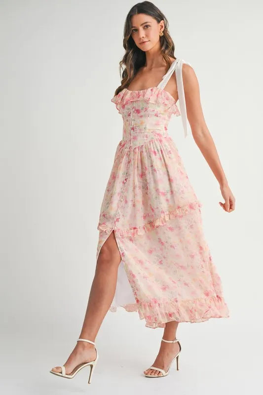 Floral Printed Shoulder Strap Midi Dress in Chiffon