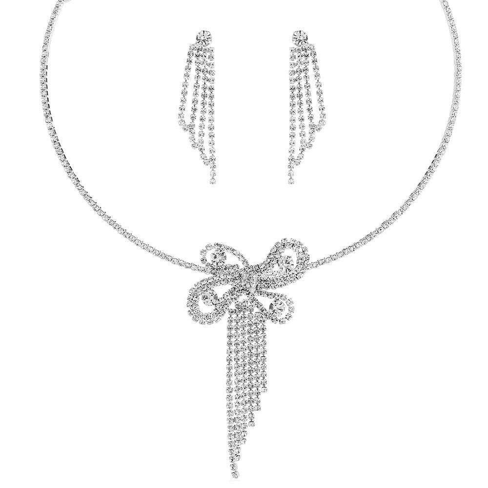 Women Full Paved Bow Tassel 2Pcs CZ Jewelry Set, V Tennis Choker Matching Long Fringe Drop Earrings Gold Rhodium Two Tone Plated For Wedding Pageant Evening Valentine Gift