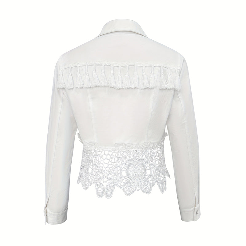 Women's White Lace Hollow Out Jacket with Fringe Detail