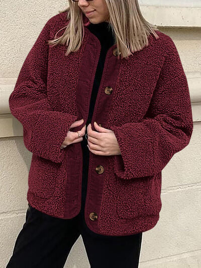 Women's Cozy Sherpa Fleece Button Up Jacket with Functional Pockets