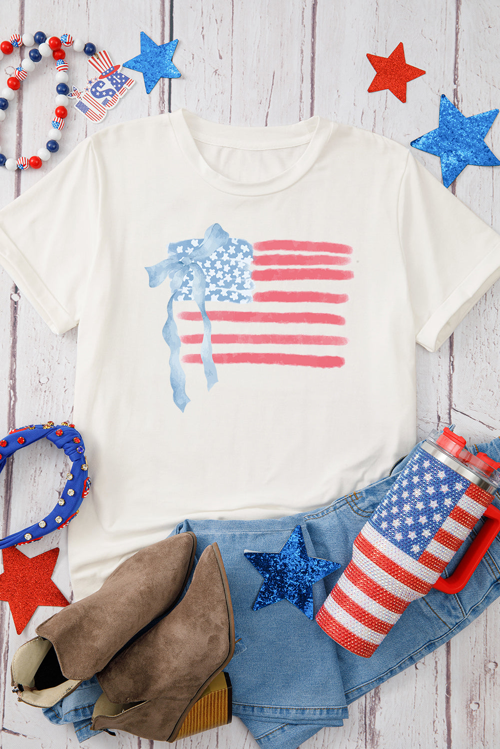 White American Flag Bow Knot Print Crew Neck Casual T-Shirt