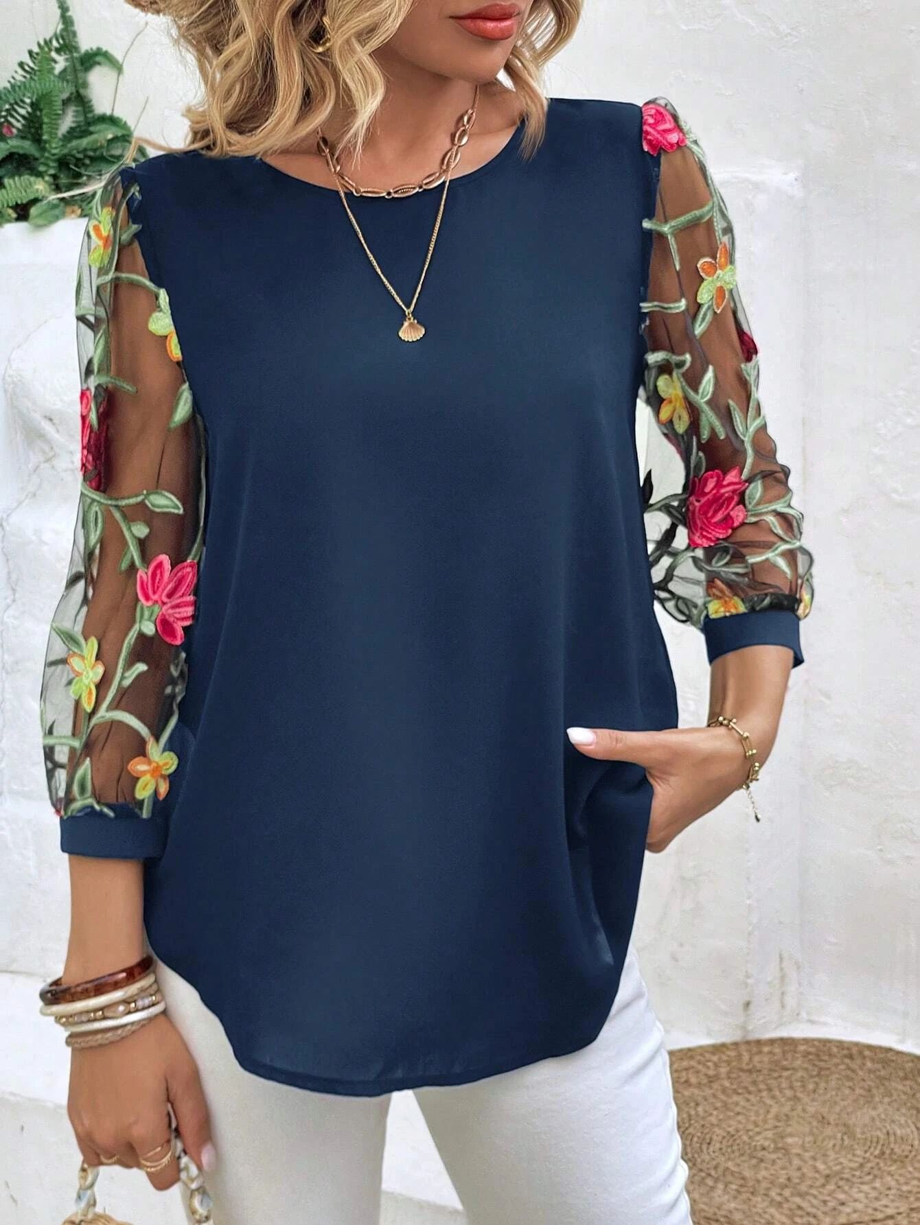 Women's Floral Mesh Sleeve Patchwork Top in Black, Navy, and Red - Image 7