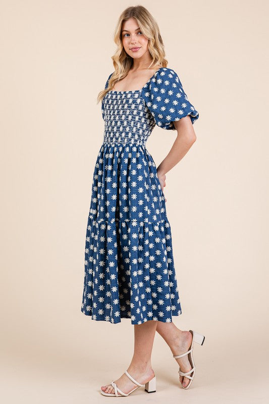 Romantic Floral Embroidered Puff Sleeve Tiered Midi Dress