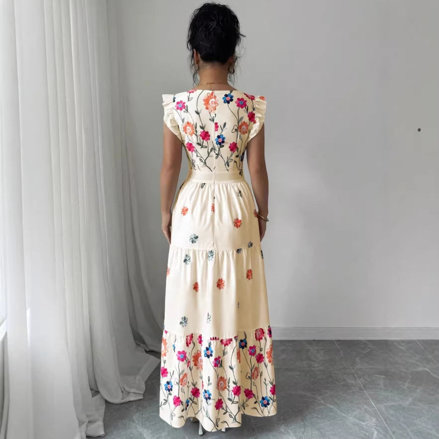 Women’s Puff Sleeve Floral Midi Dress in Cream Multi-Colored Cotton