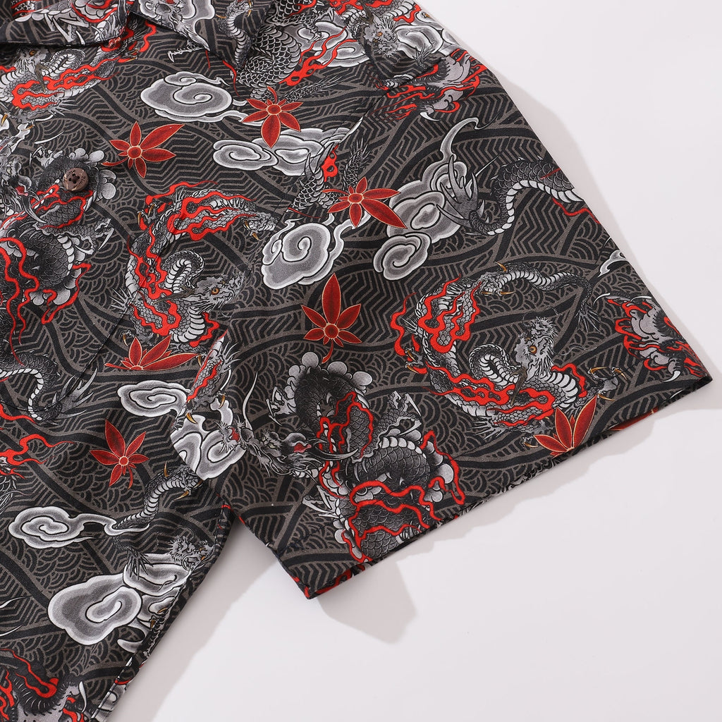 The Dragon's Flight Print Short Sleeve Cotton Camp Collar Shirt