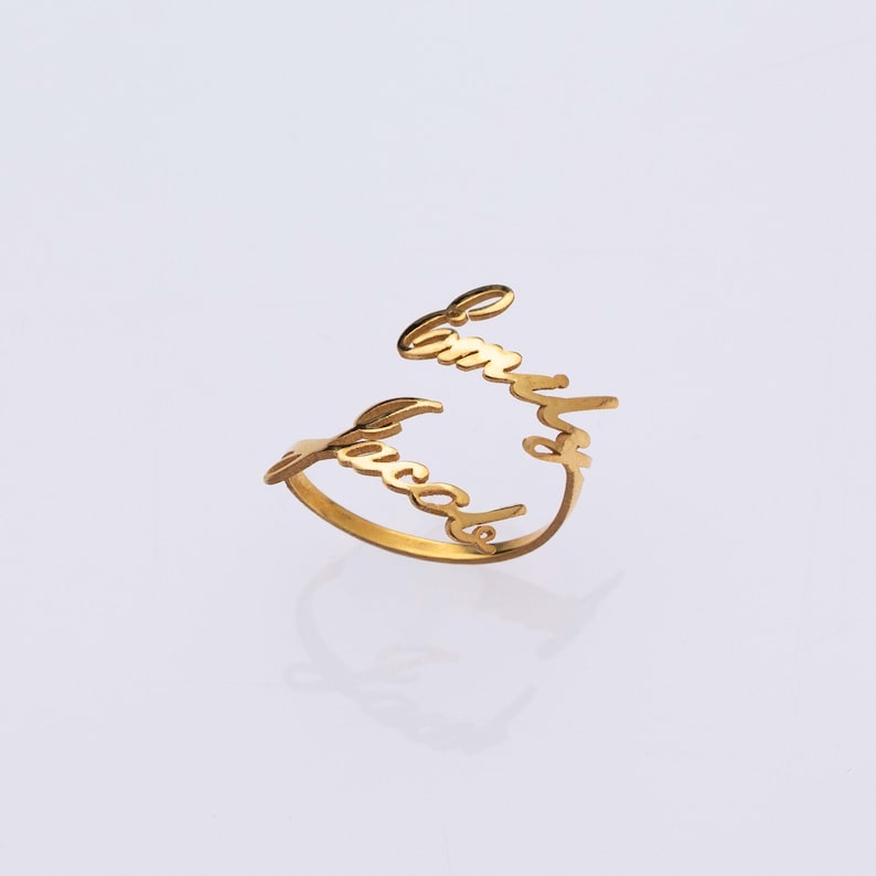 Vera Lux double name open ring with personalized custom text in a minimalist style