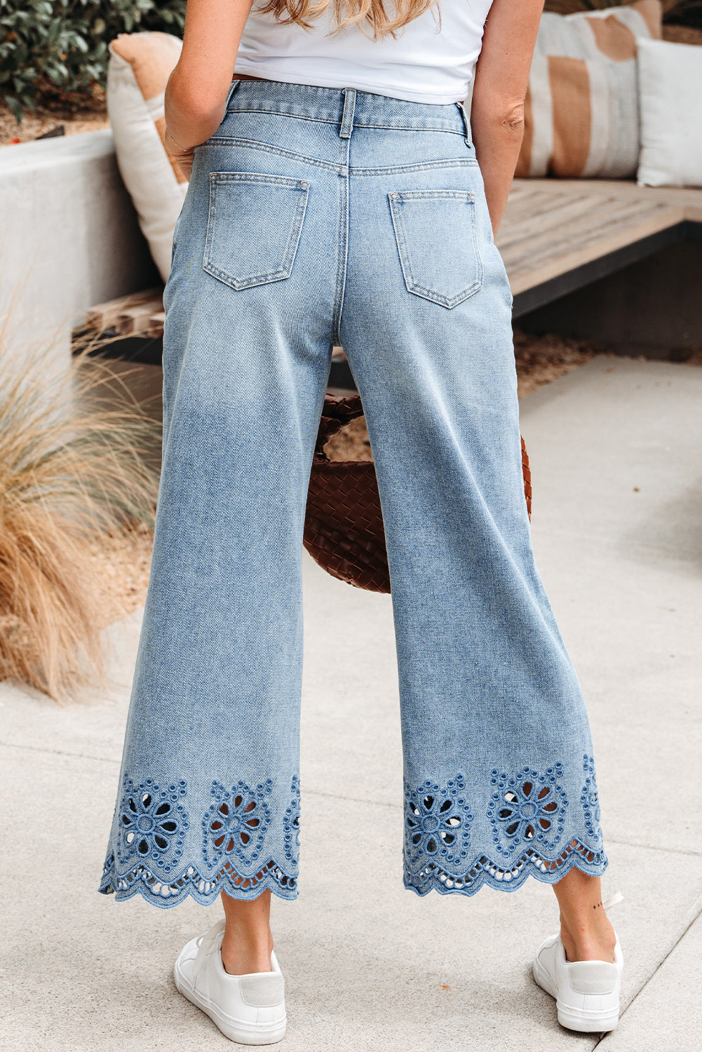 Solid Denim Embroidered Wide Leg Jeans