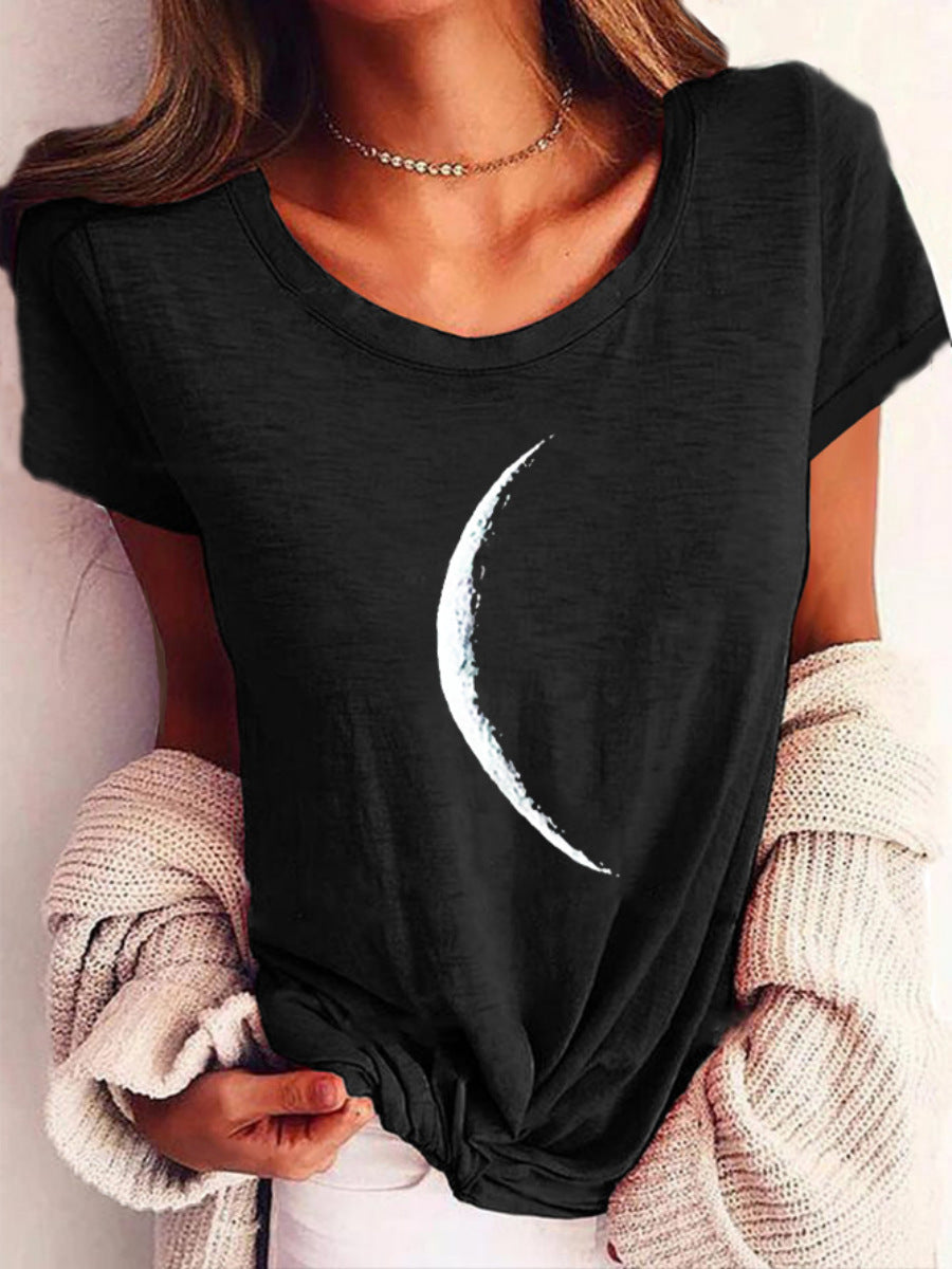 Women Short Sleeve Crescent Moon Print T-Shirt Casual Wide Neck - Image 2