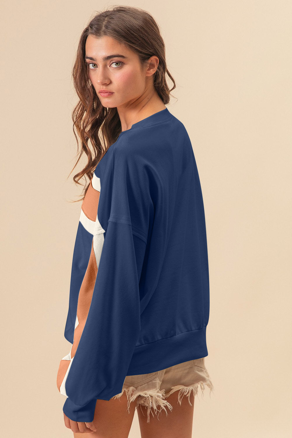 Women's Navy Blue Color Block Sweatshirt with Raw Edge Detail - Image 2