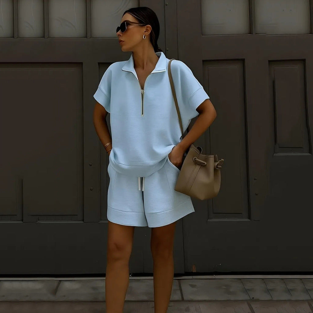 Women's Solid Color Short Sleeve Half-Zip Top and Shorts Set - Image 4