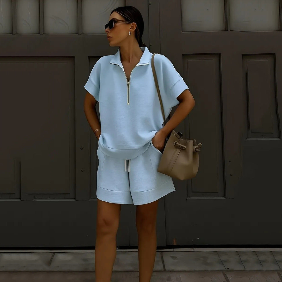 Women's Solid Color Short Sleeve Half-Zip Top and Shorts Set - Image 4