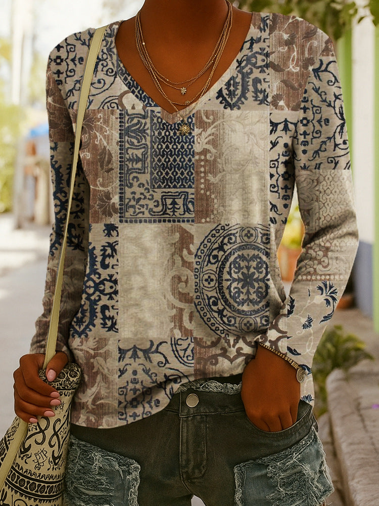Women's Ethnic Print V-Neck Long-Sleeve Pullover Top - Image 6