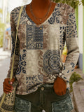 Women's Ethnic Print V-Neck Long-Sleeve Pullover Top - Image 6