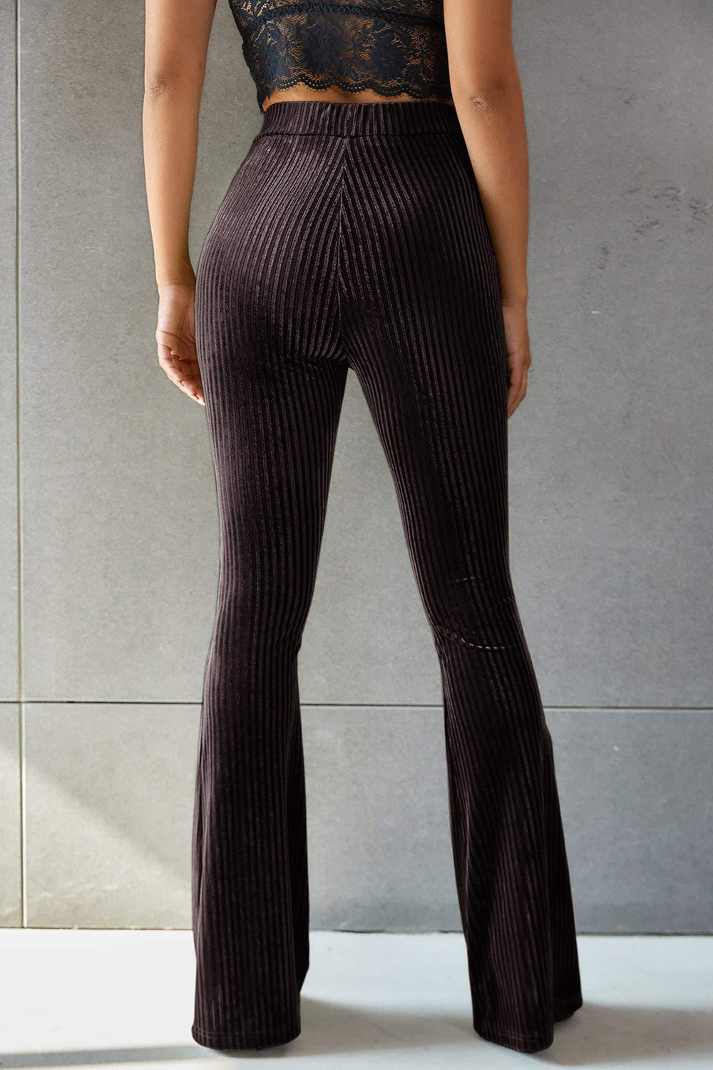 Ribbed High Waist Flare Pants in Grey Velvet