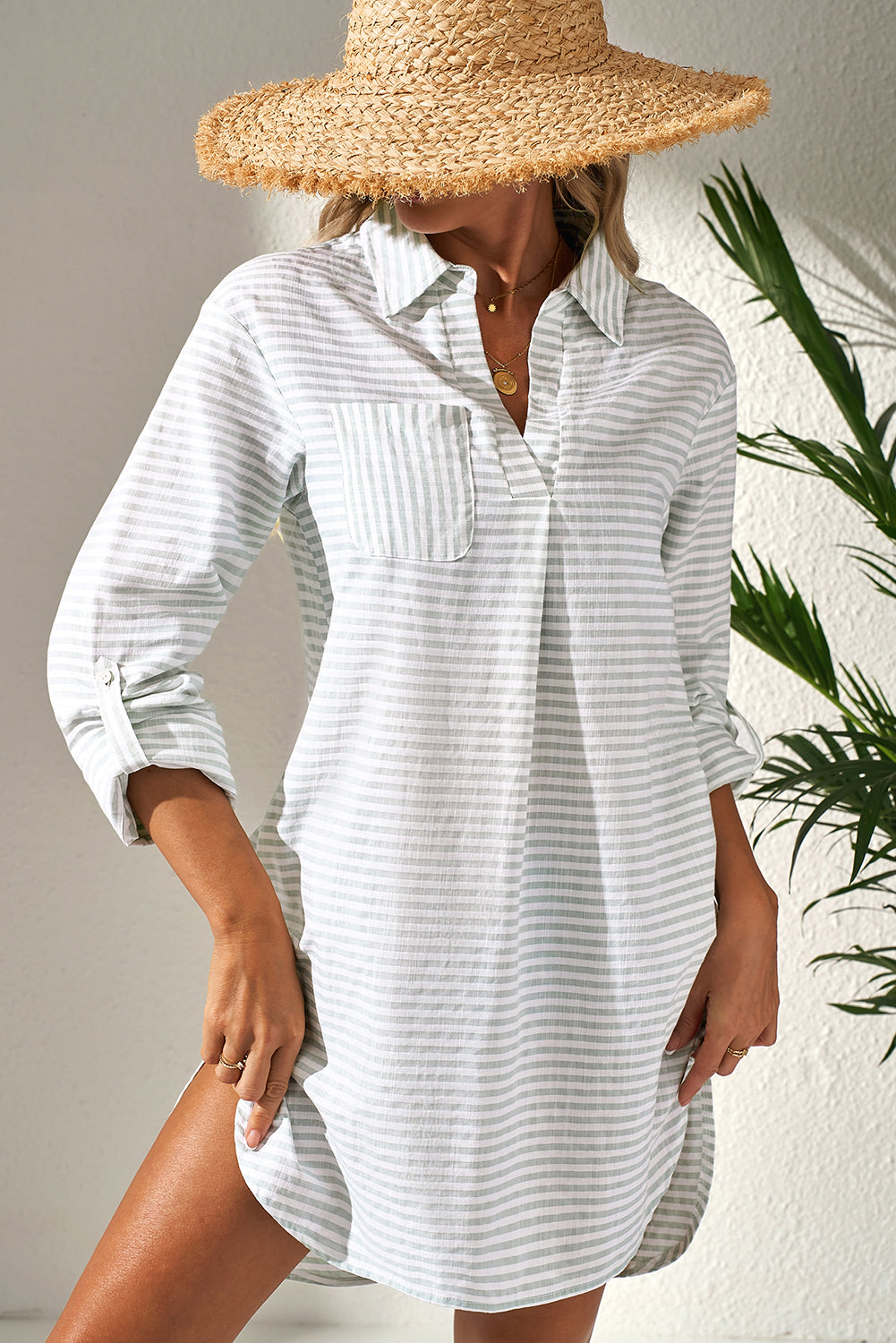 White Stripe Collared V-Neck Beach Cover Up with Chest Pocket