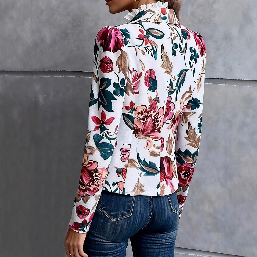 Women Floral Print Ruffle Trim Open Front Casual Blazer Jacket - Image 4
