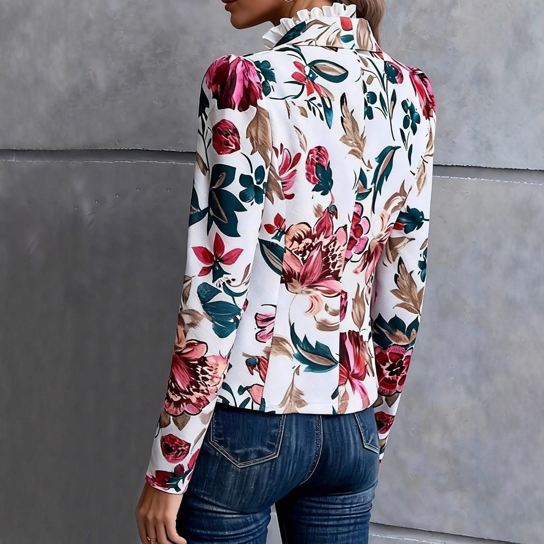 Women Floral Print Ruffle Trim Open Front Casual Blazer Jacket - Image 4