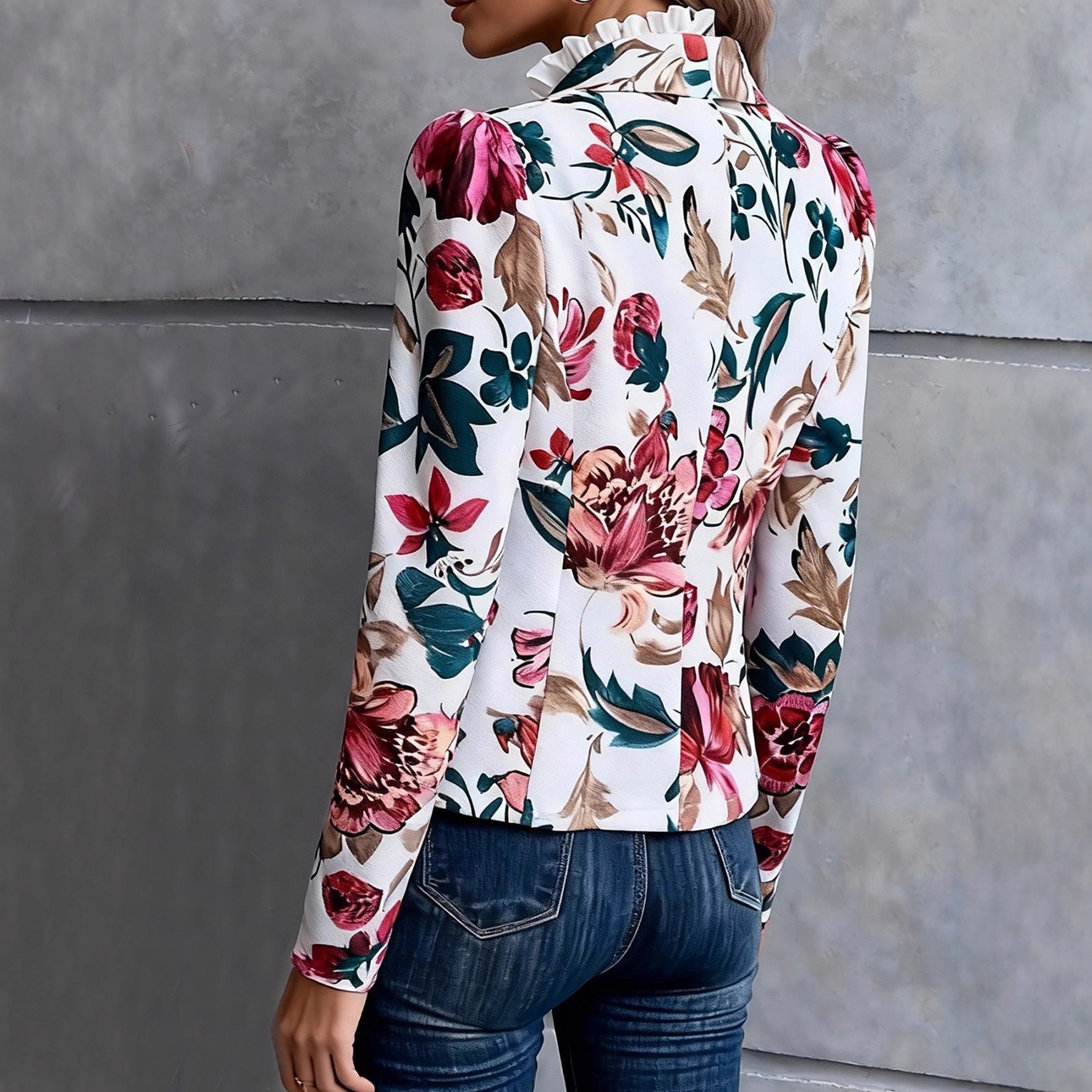 Women Floral Print Ruffle Trim Open Front Casual Blazer Jacket - Image 4