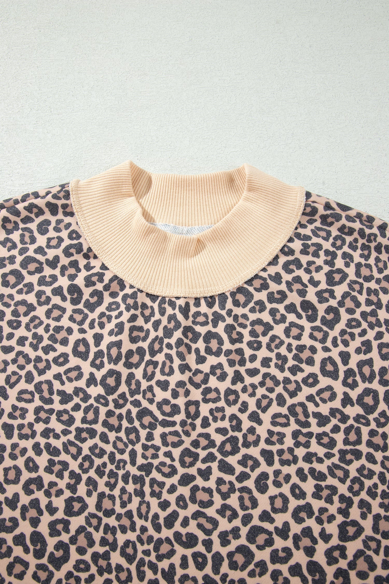 Leopard Ribbed Trim High Neck Long Sleeve Sweatshirt
