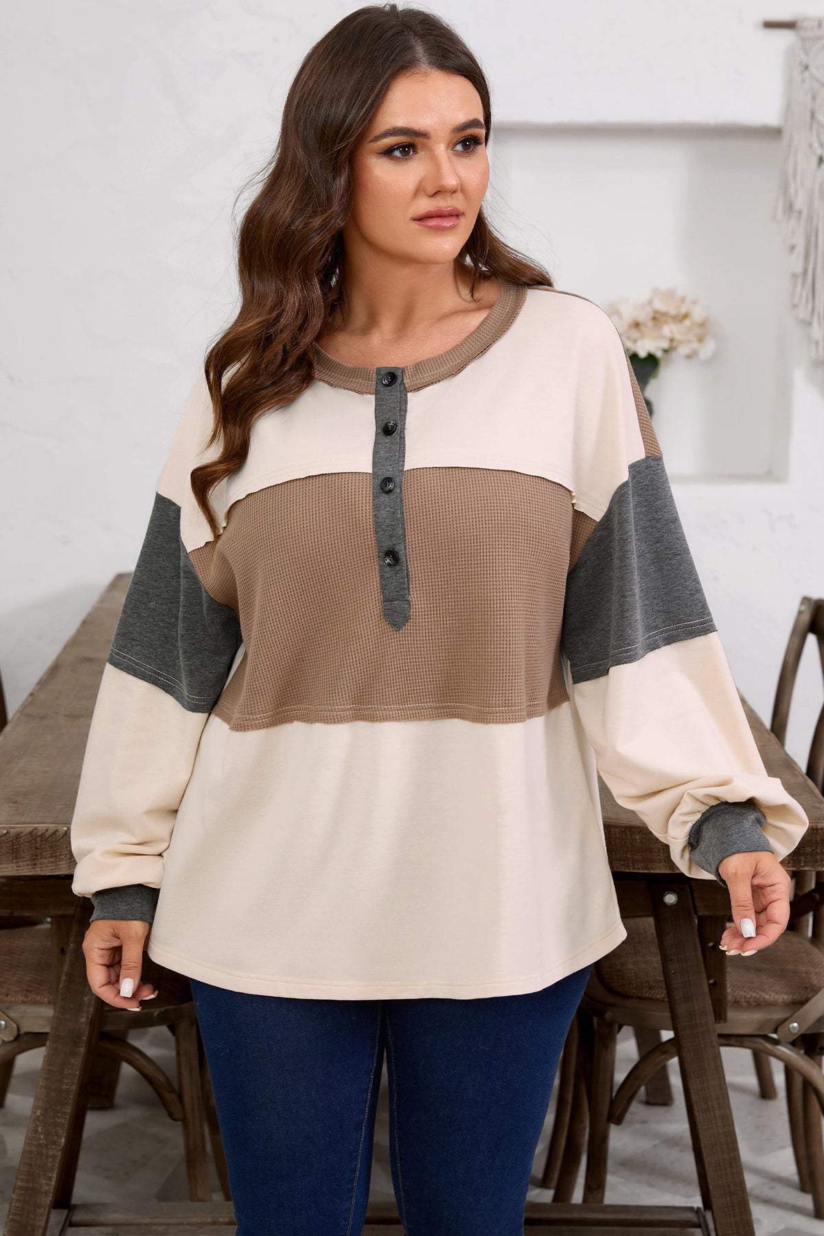 Plus Size Colorblock Waffle Knit Patchwork Half-Button Top