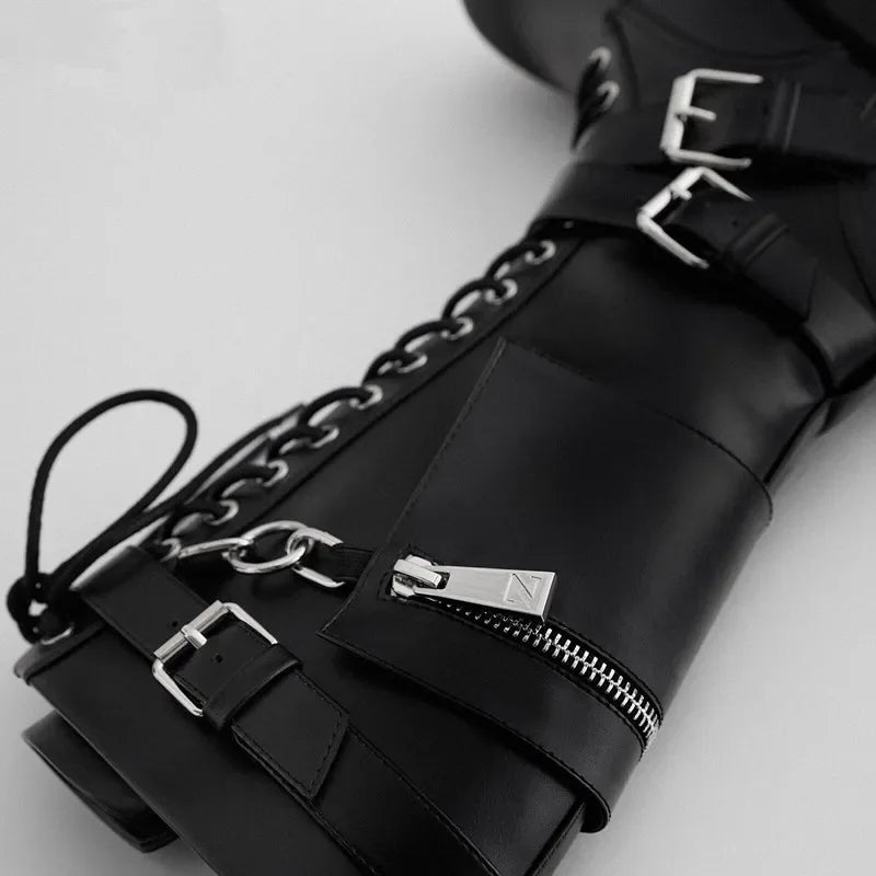 Women's Black Lace-Up Knee High Platform Motorcycle Boots with Chain - Image 4