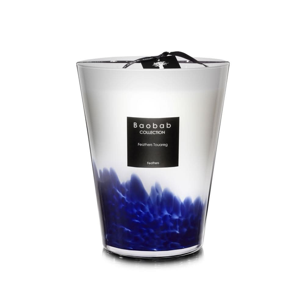Large Baobab Collection Feathers Touareg Max 24 candle with blue feather art glass design.