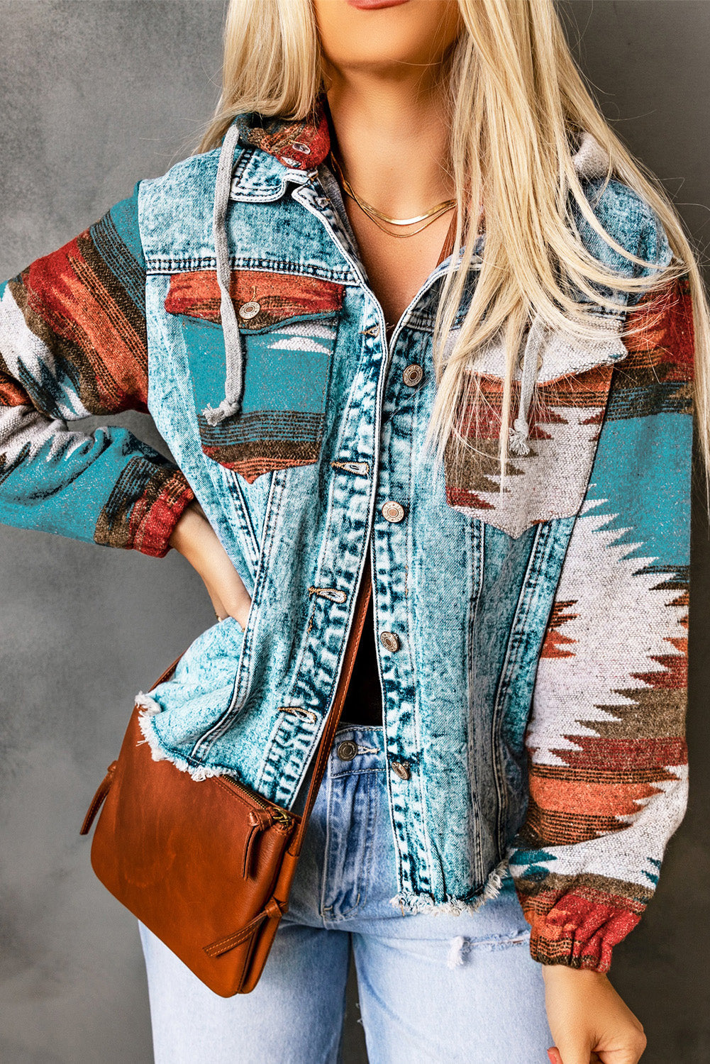 Multicolor Aztec Print Frayed Hem Denim Jacket | Boho