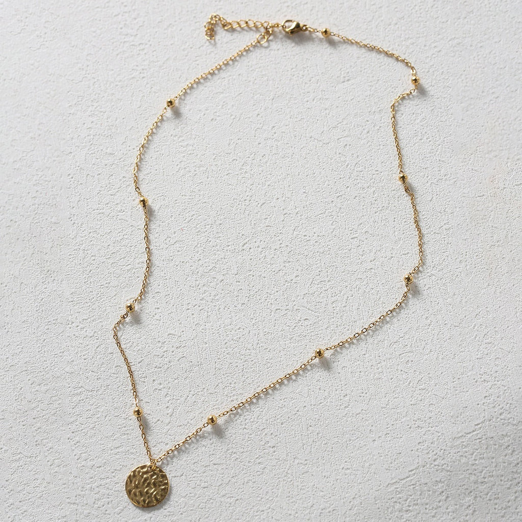 18K Gold Embossed Round Disc Necklace Minimalist Pendant Jewelry