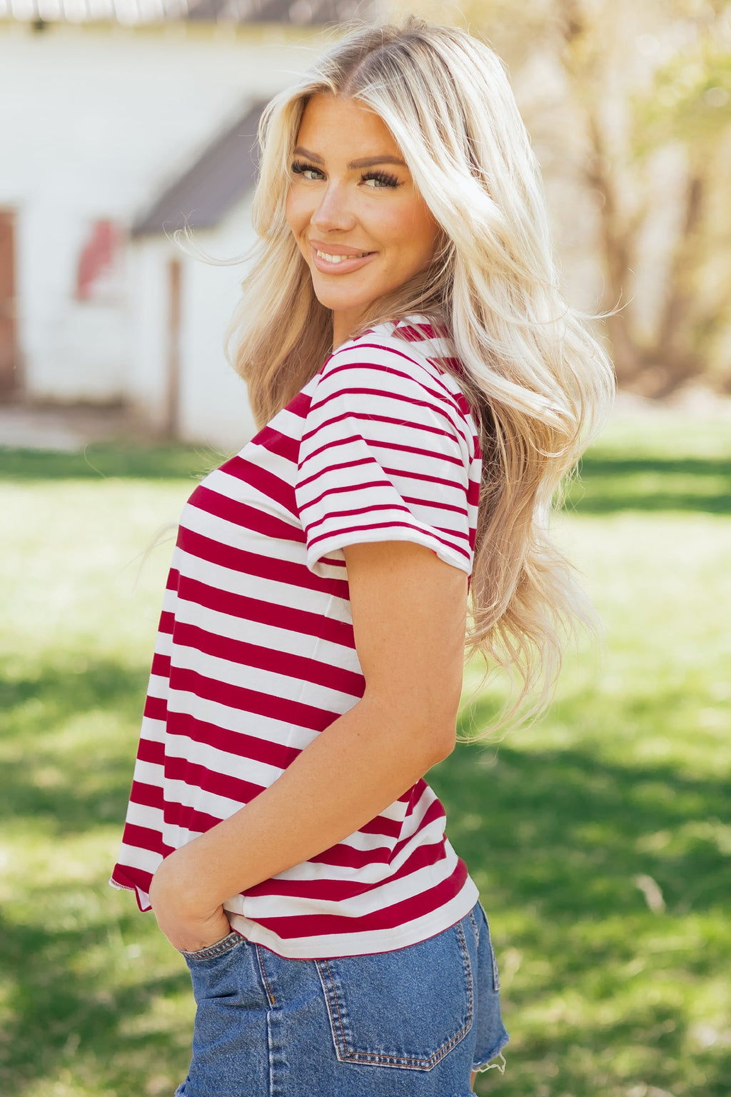 June Stripe Patchwork T Shirt in Red and White Cotton