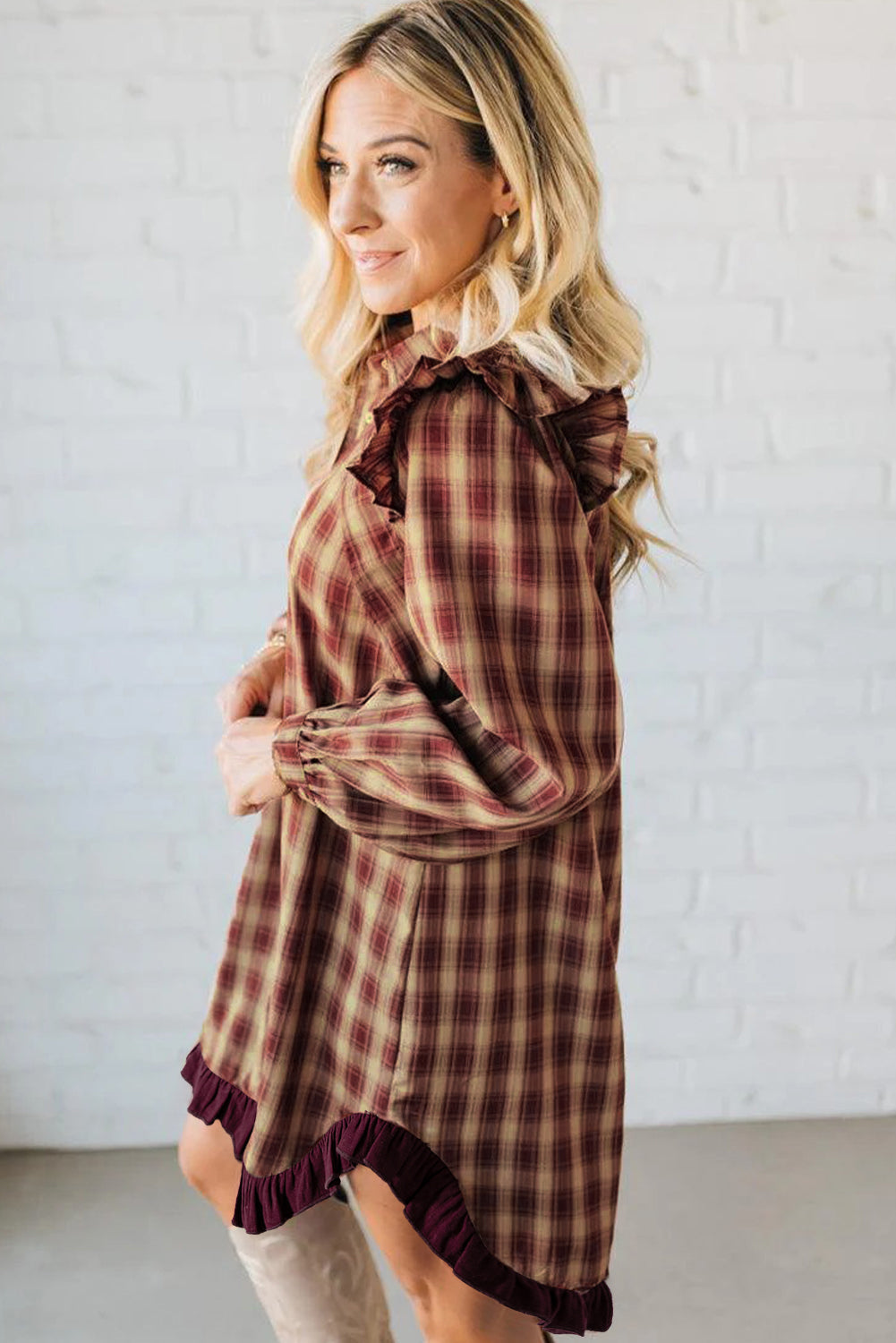 Red Plaid Ruffled Long Sleeve Mini Shirt Dress | Patchwork Hem