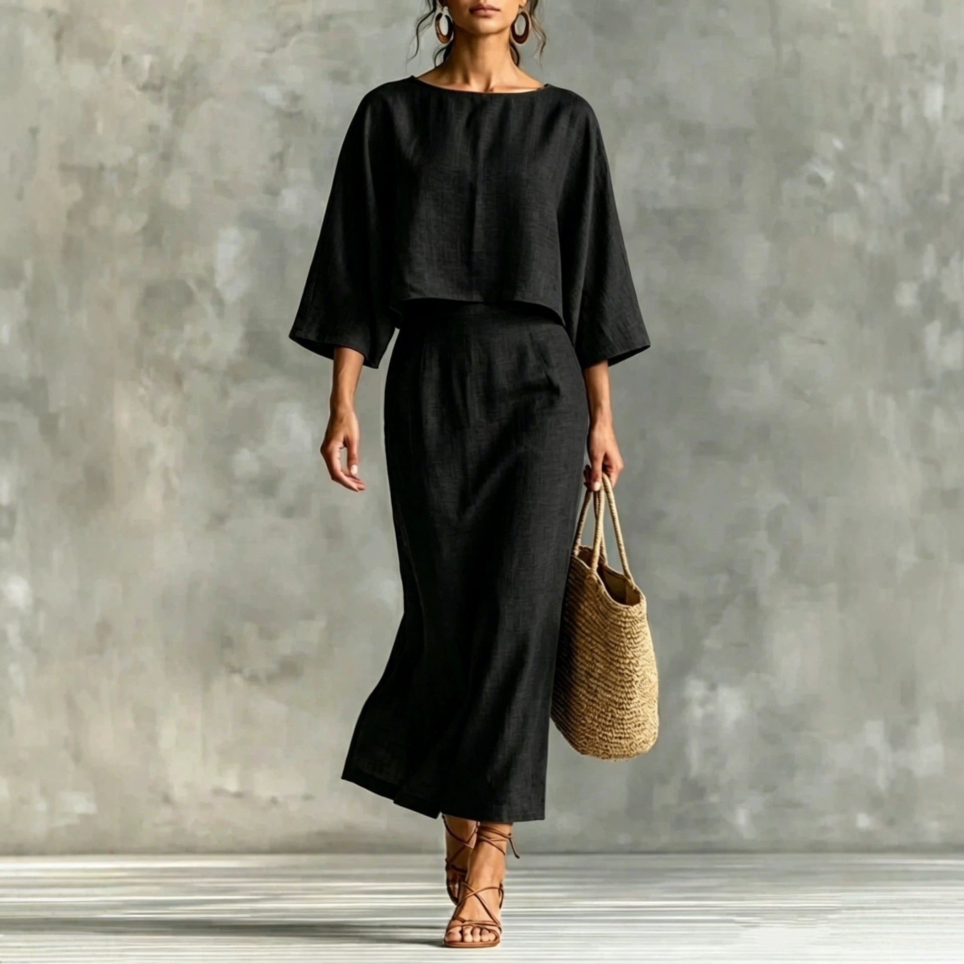 Linen High Waist Long Skirt and 3/4 Sleeve Loose Top Set