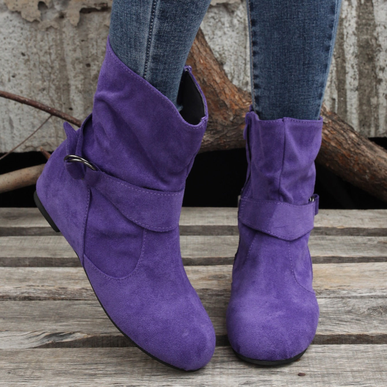 Women's Ankle Boots with Buckle Belt & Side Zip