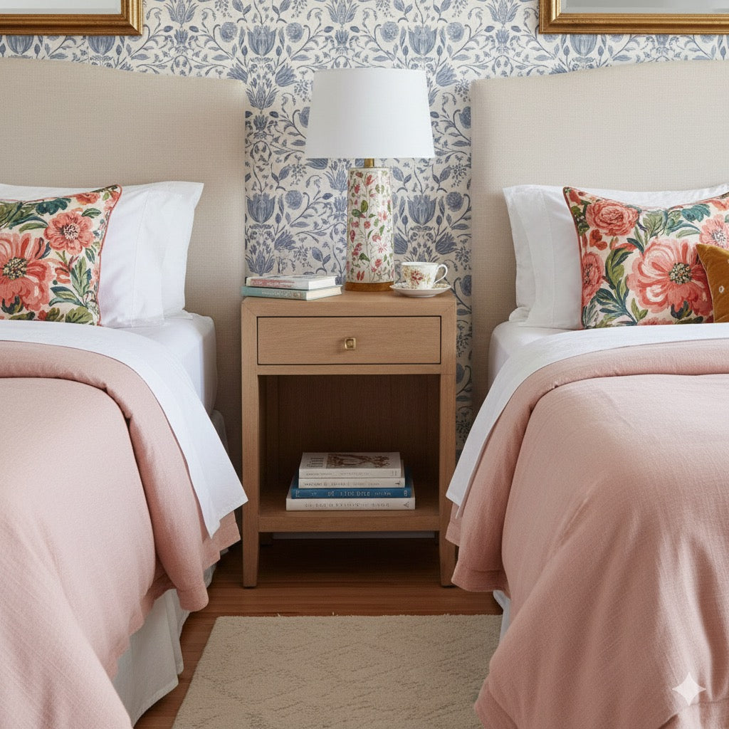 Elowyn floral wallpaper in blue and off-white traditional aesthetic